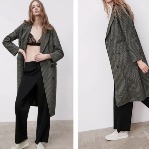 NEW Zara Wool Blend Oversized Double Breasted Long Houndstooth Coat Gray…
